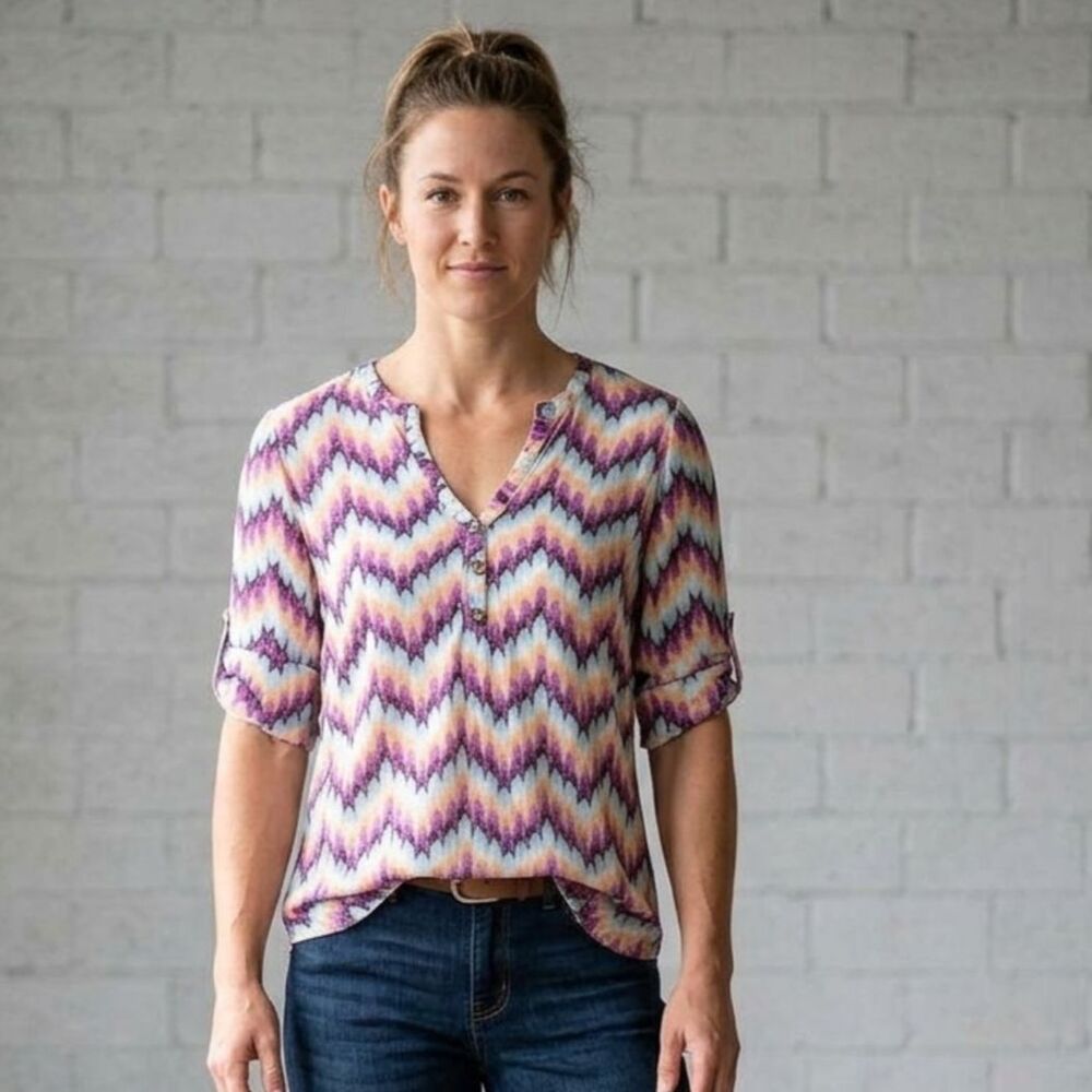 Pixley Multicolor Chevron Zigzag Button Front Tunic Top Blouse Size Large